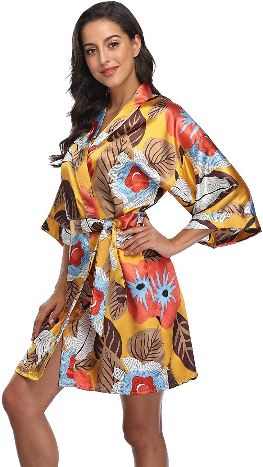 Season Dressing Women Floral Robes Bridesmaids Short Satin Kimono Sleepwear for Wedding Party Apparel & Accessories > Clothing > Sleepwear & Loungewear > Robes season dressing Flower Yellow Large 