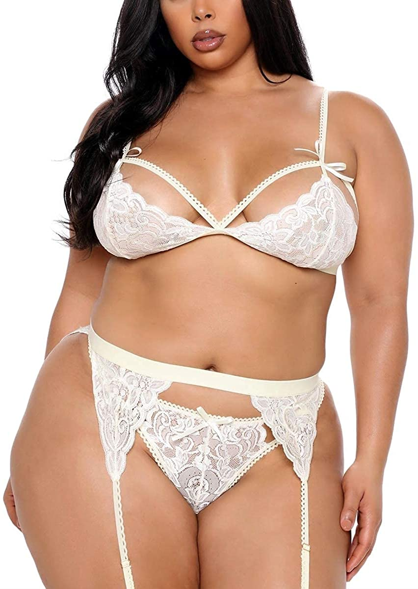 Women plus Size Lingerie Set with Garter Belt 3 Piece Sexy Strap Bra and Panty Lace Bodysuit Apparel & Accessories > Clothing > Underwear & Socks > Lingerie KYLIE MAX White XX-Large 
