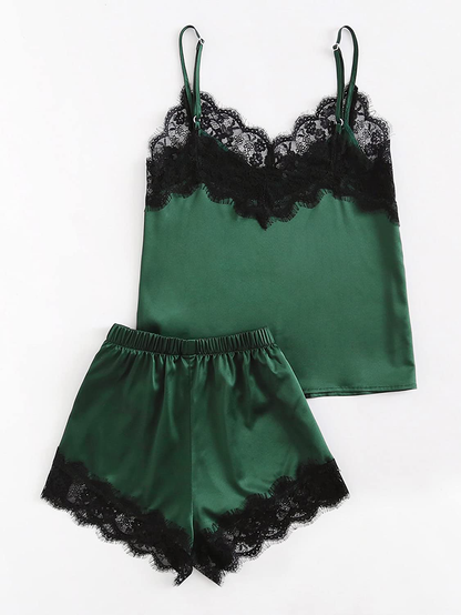 Makemechic Women'S Lace Satin Sleepwear Cami Top and Shorts Pajama Set Apparel & Accessories > Clothing > Sleepwear & Loungewear Kylie Max   