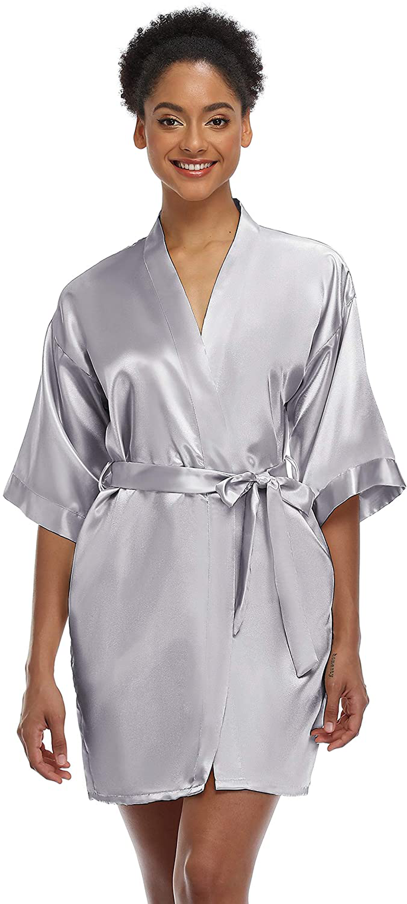 SUGAR JAN Women'S Short Satin Kimono Robes for Bride and Bridesmaids Silky Pure Color Bathrobe with Pockets Apparel & Accessories > Clothing > Sleepwear & Loungewear > Robes SUGAR JAN Grey XX-Large 