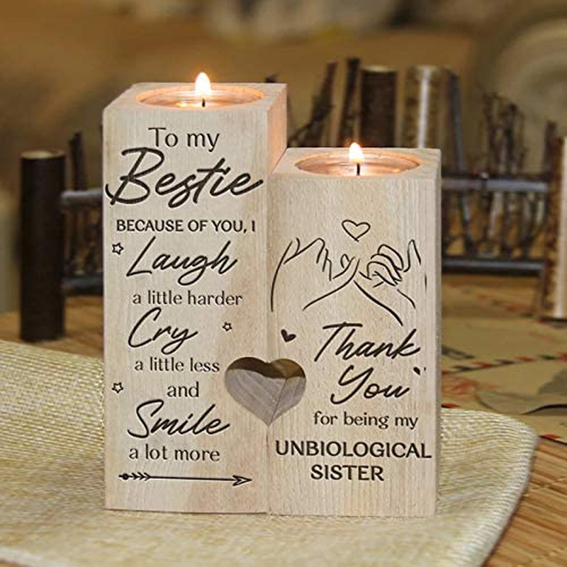 LEFUYAN to My Bestie Candle Holder -Because of You I Laugh Smile More Cry Less Thank You for Being My Unbiological Sister Women Teen Girl Friend Personalized Custom Friendship Christmas Birthday Gift Arts & Entertainment > Party & Celebration > Gift Giving LEFUYAN   