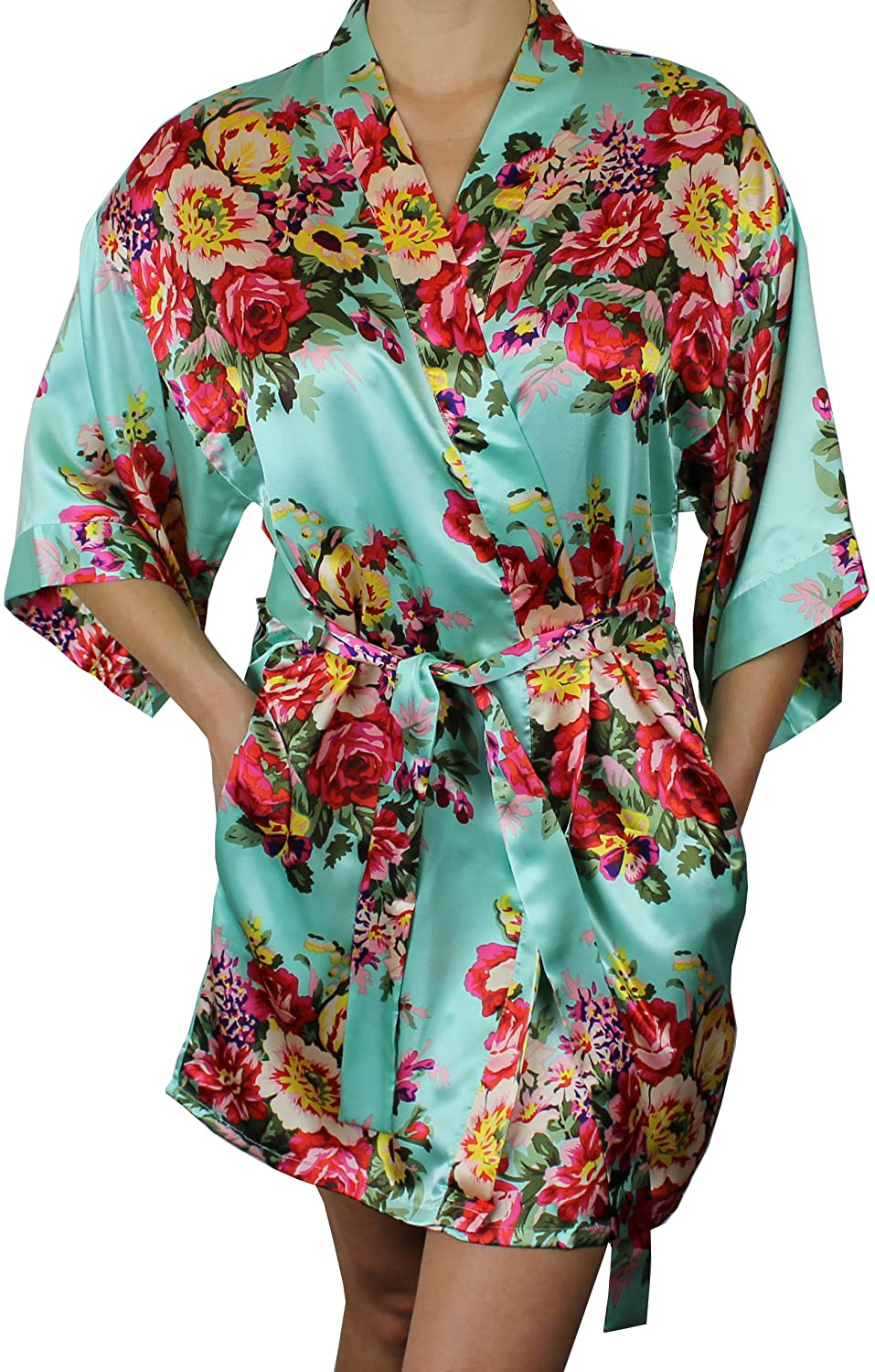 Women'S Floral Satin Kimono Short Bridesmaid Robe with Pockets - Silky Touch Apparel & Accessories > Clothing > Sleepwear & Loungewear > Robes Ms Lovely Mint Green X-Small-Small 