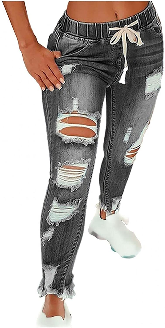 Burband Womens Drawstring Elastic Waistband Pull-On Distressed Denim Joggers Denim Jeans Sweatpants Skinny Ripped Jeggings Apparel & Accessories > Clothing > Underwear & Socks > Shapewear Burband Gray 3X-Large 