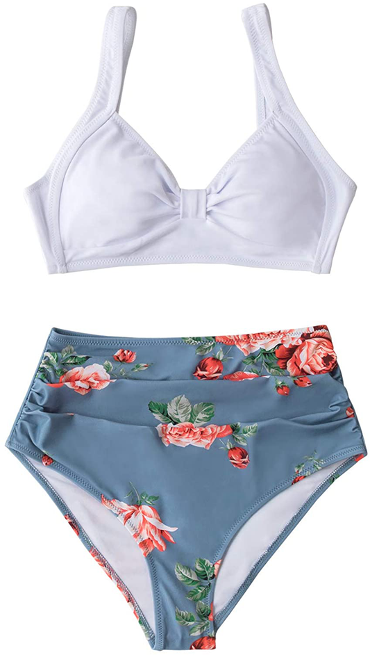CUPSHE Women's High Waist Bikini Swimsuit Floral Print Knot Two Piece Bathing Suit Apparel & Accessories > Clothing > Swimwear KYLIE MAX White Blue X-Small 