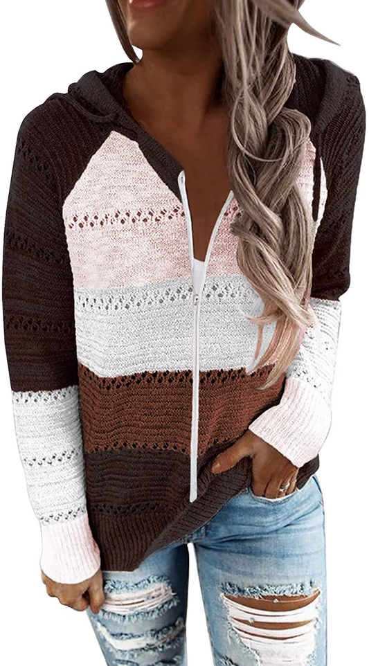 BTFBM Women Zip up Striped Hoodies Jackets Color Block Print Long Sleeve Drawstring Stretchy Casual Pullover Sweatshirts Apparel & Accessories > Clothing > Activewear Kylie Max   