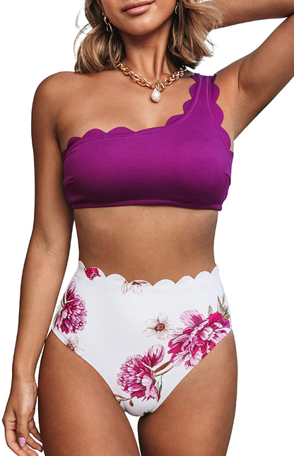 CUPSHE Women's Bikini Swimsuit High Waist Floral Print One Shoulder Two Piece Bathing Suit Apparel & Accessories > Clothing > Swimwear CUPSHE Purple Medium 