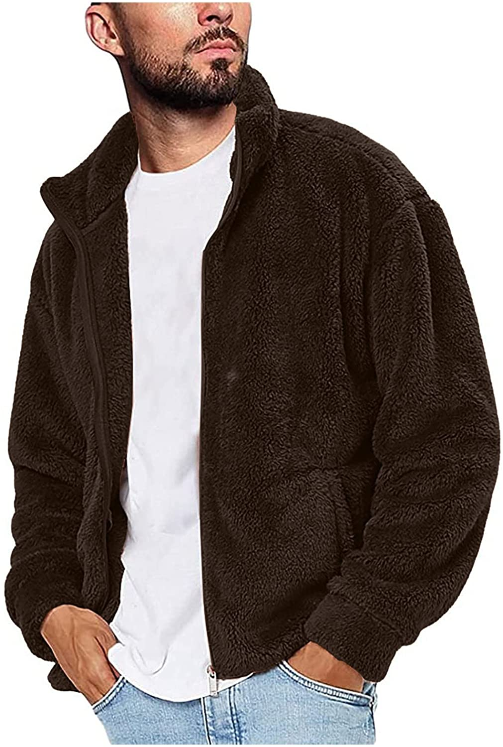 Merthy Mens Fuzzy Sherpa Fleece Jacket Casual Long Sleeve Stand Collar Furry Faux Woolen Cardigan Coat Zipper Teddy Coats Apparel & Accessories > Clothing > Underwear & Socks > Shapewear Merthy Brown Small 