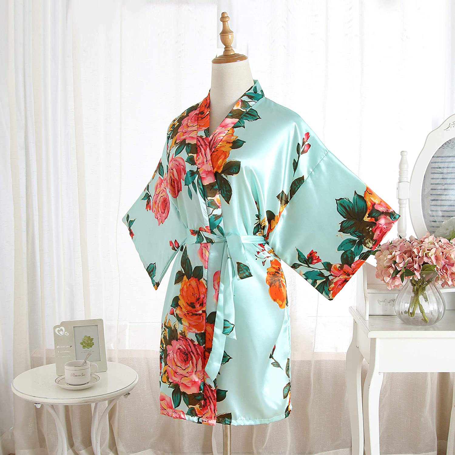 Peony Floral Silk Kimono Robe Bride Bridal Bridesmaid Robes Dressing Gown Housecoat Bathrobe for Women Apparel & Accessories > Clothing > Sleepwear & Loungewear > Robes QXQTER   