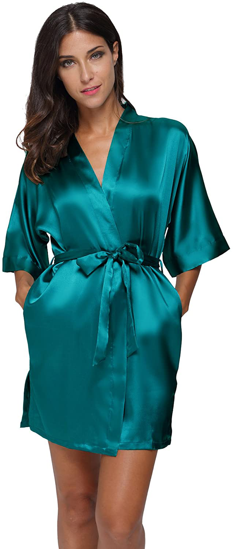 The Bund Women'S Short Robes Lace Bride Bridesmaids Sexy Bathrobe Satin Spa Robe Pure Color Apparel & Accessories > Clothing > Sleepwear & Loungewear > Robes The Bund Seagreen Medium 
