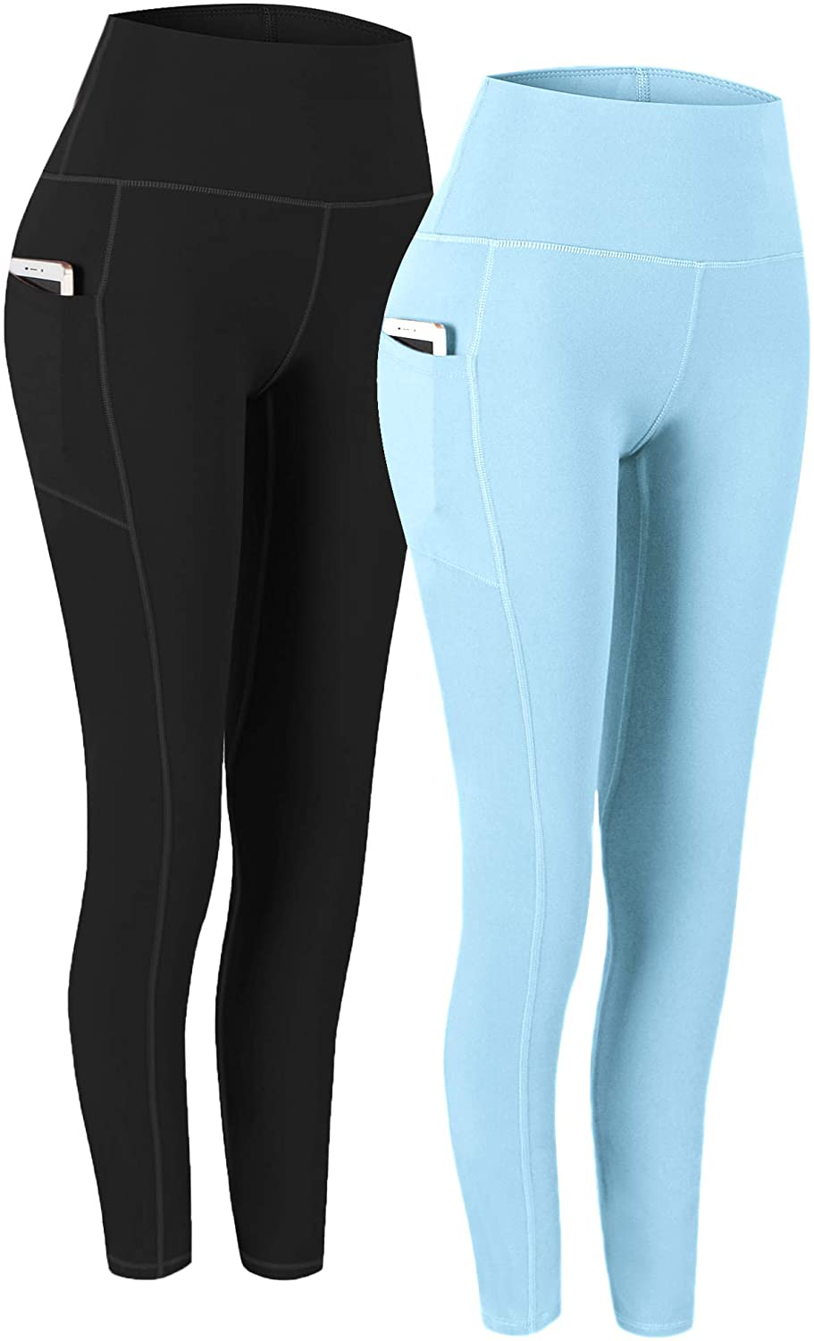 Fengbay 2 Pack High Waist Yoga Pants, Pocket Yoga Pants Tummy Control Workout Running 4 Way Stretch Yoga Leggings Apparel & Accessories > Clothing > Activewear Fengbay Black & Bright Sky Large 