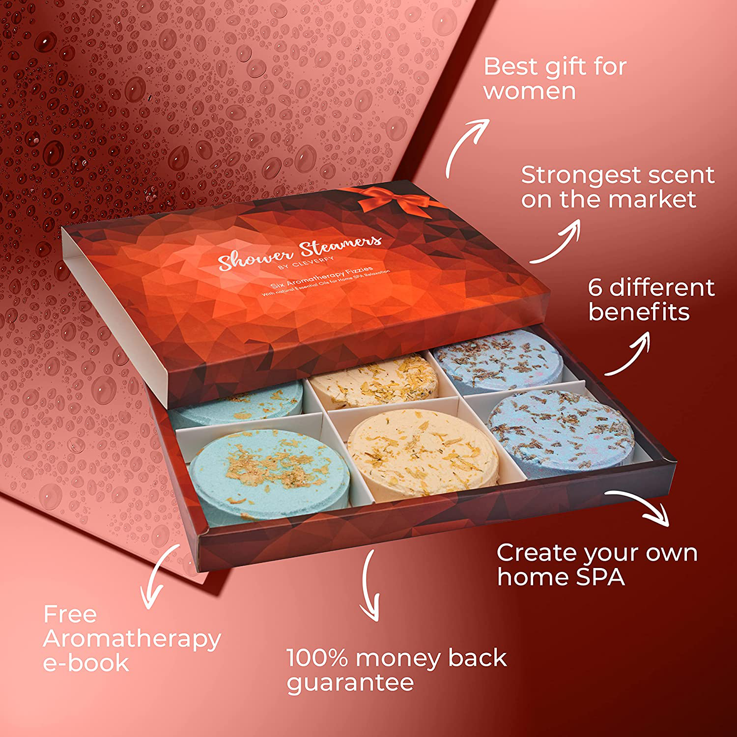 Cleverfy Shower Steamers Aromatherapy - Variety Pack of 6 Shower Bombs. Red Set: Peppermint, Lavender, Pomegranate & Rose, Vanilla & Sweet Orange, Menthol & Eucalyptus, Lemongrass & Coconut Arts & Entertainment > Party & Celebration > Gift Giving CLEVERFY   
