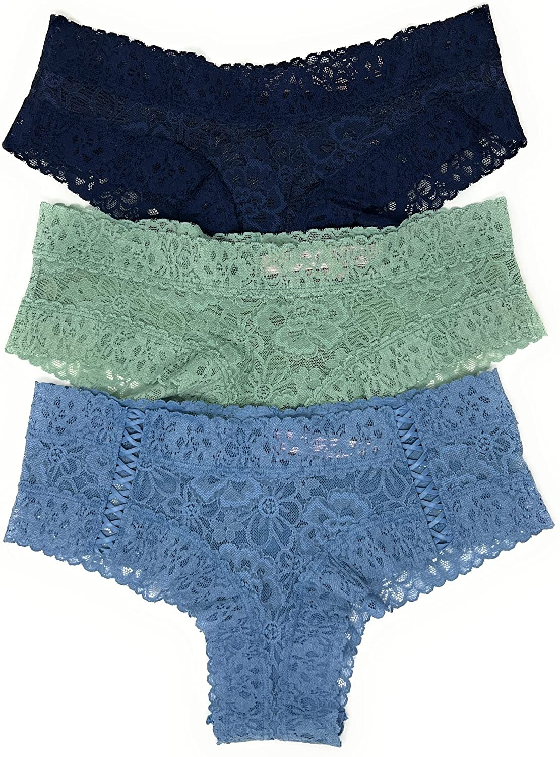 Victoria'S Secret the Lacie Cheeky Panty Set of 3 Apparel & Accessories > Clothing > Underwear & Socks > Underwear Victoria's Secret Navy / Sage / Light Denim Large 