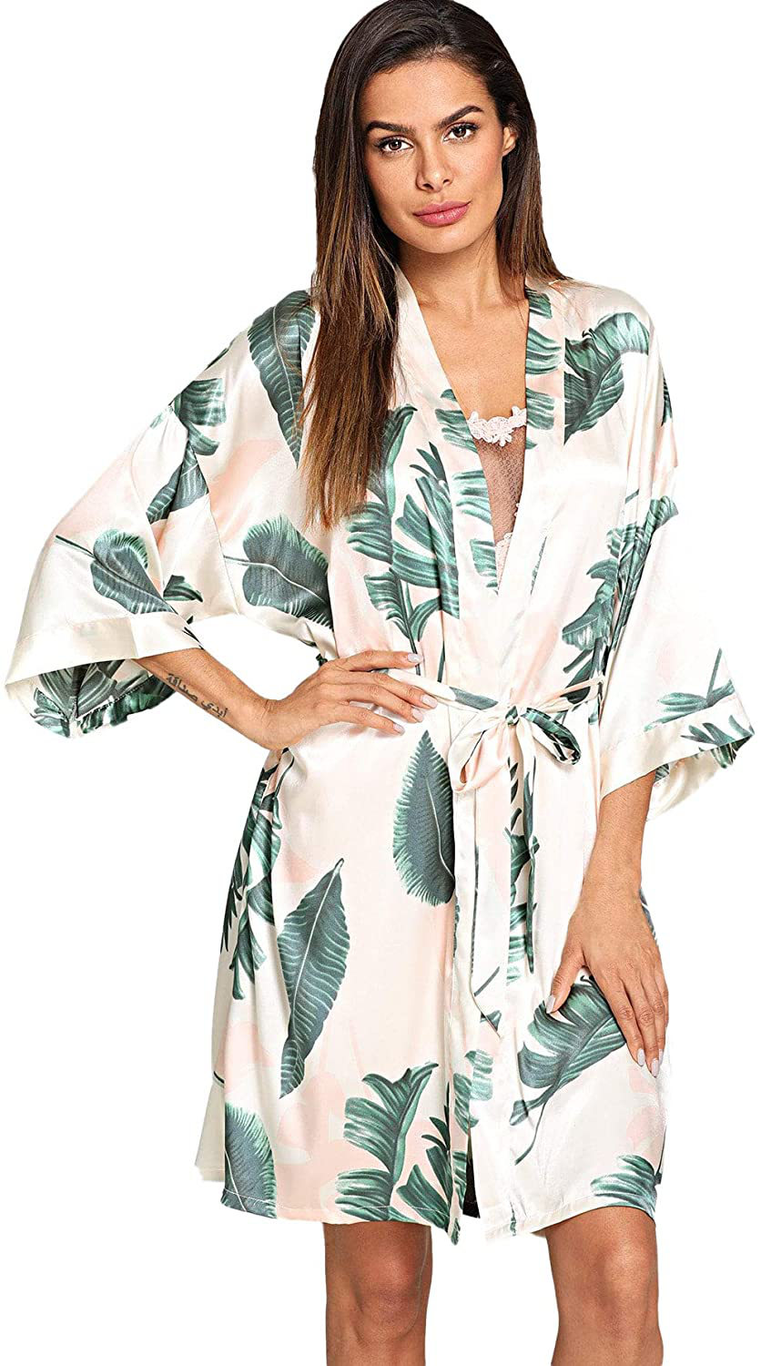 Floerns Women'S Bridesmaid Satin Kimono Oblique V Neck Bathrobe Robes Apparel & Accessories > Clothing > Sleepwear & Loungewear > Robes Floerns Leaf White X-Small 