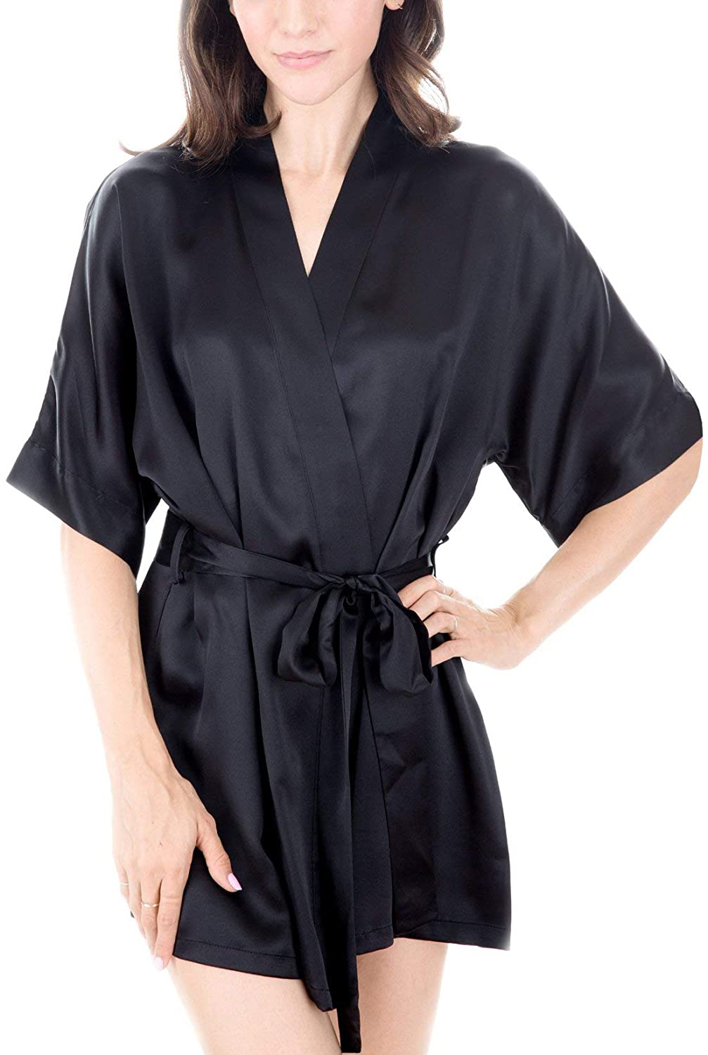OSCAR ROSSA Women'S Luxury Silk Sleepwear 100% Silk Sexy Short Robe Kimono Apparel & Accessories > Clothing > Sleepwear & Loungewear > Robes OSCAR ROSSA Black Medium 