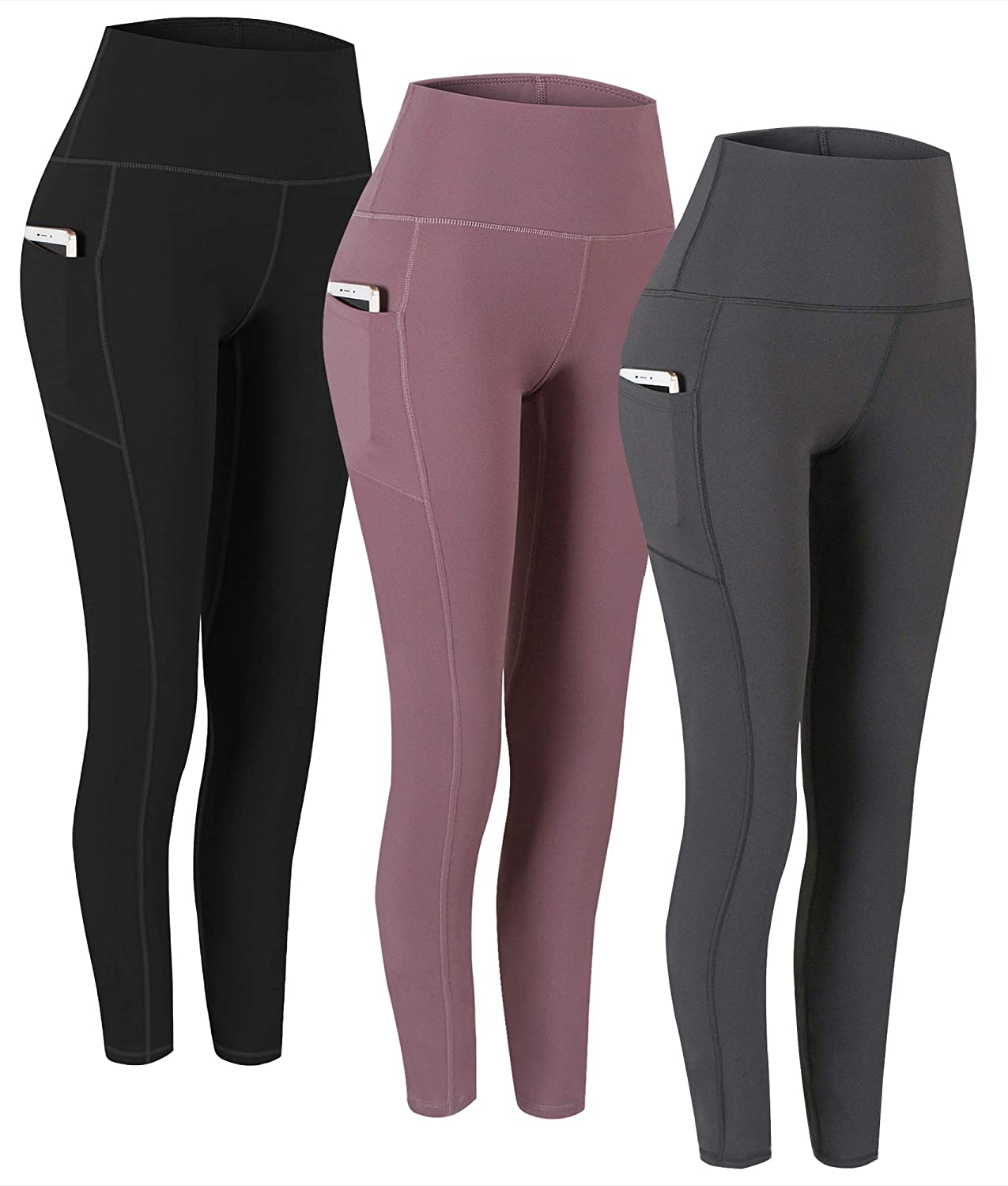 Fengbay 2 Pack High Waist Yoga Pants, Pocket Yoga Pants Tummy Control Workout Running 4 Way Stretch Yoga Leggings Apparel & Accessories > Clothing > Activewear Fengbay Black & Gray & Pink Large 