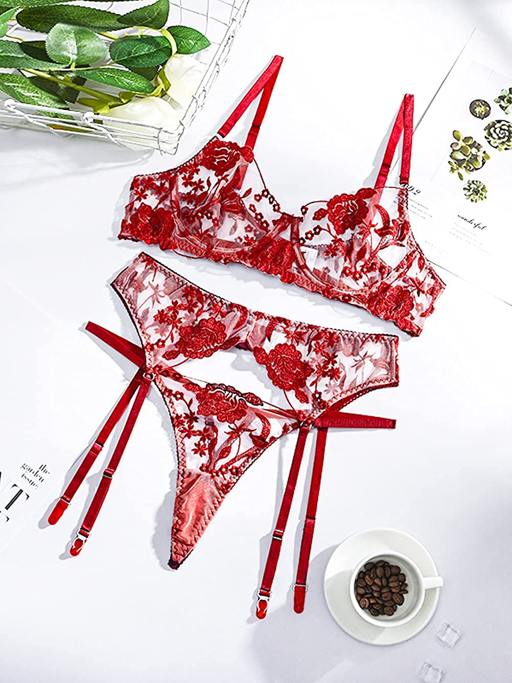 Kaei&Shi Garter Lingerie for Women,Embroidered Underwire Sexy Lingerie, High Waisted 3 Piece Lingerie Set Apparel & Accessories > Clothing > Underwear & Socks > Lingerie Kaei&Shi   