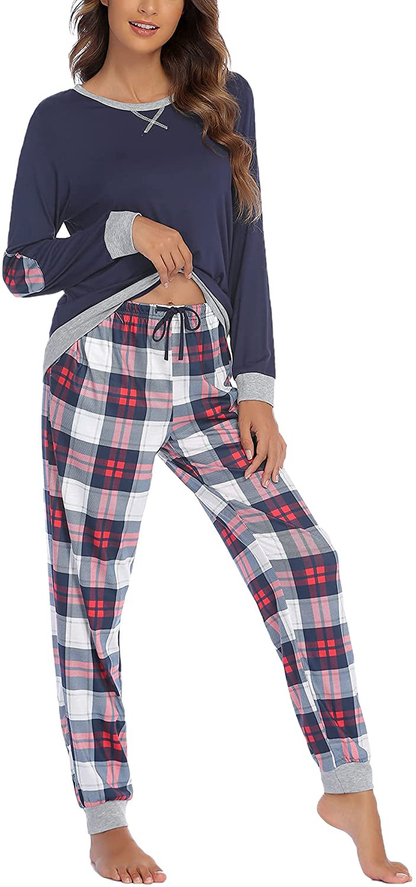 Ekouaer Women's Pajamas Sets Long Sleeve with Plaid Pants Soft Sleepwear O Neck 2 Piece Pjs Joggers Loung Set with Pockets Apparel & Accessories > Clothing > Sleepwear & Loungewear > Pajamas Ekouaer   