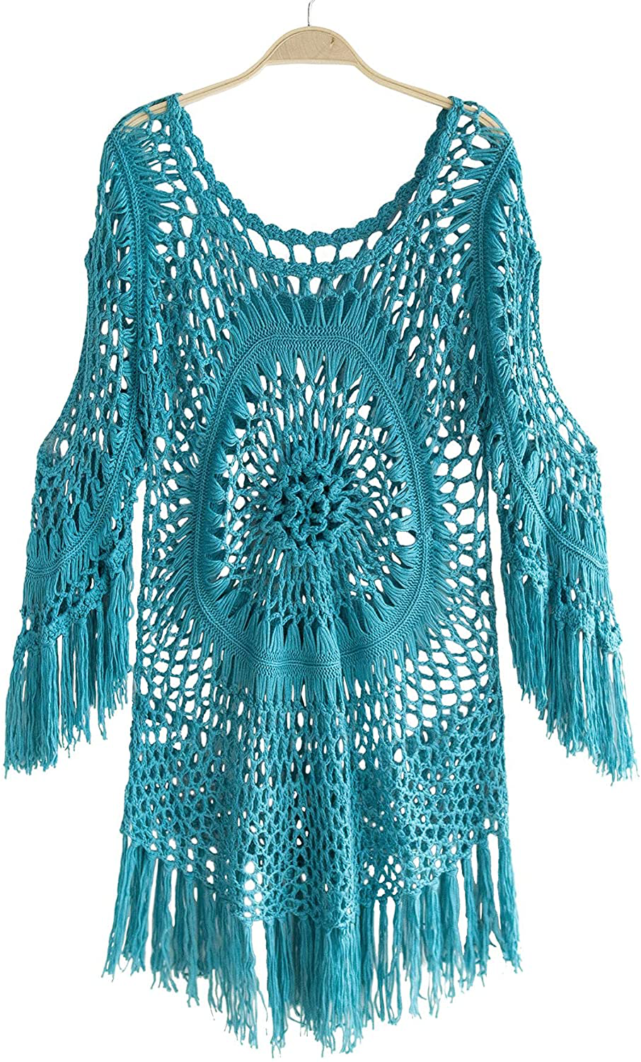 CUPSHE Women'S Cover up White Crochet Hollow Out Tassel Swimsuit Three Quarter Sleeve Apparel & Accessories > Clothing > Swimwear Kylie Max   