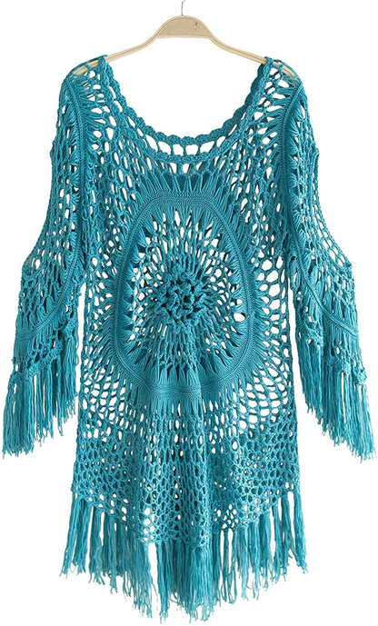 CUPSHE Women'S Cover up White Crochet Hollow Out Tassel Swimsuit Three Quarter Sleeve Apparel & Accessories > Clothing > Swimwear Kylie Max   