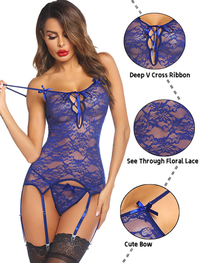 Avidlove Women Lace Bodysuit Lingerie Set Babydoll Chemise with Garter Belts Apparel & Accessories > Clothing > Underwear & Socks > Lingerie Avidlove   