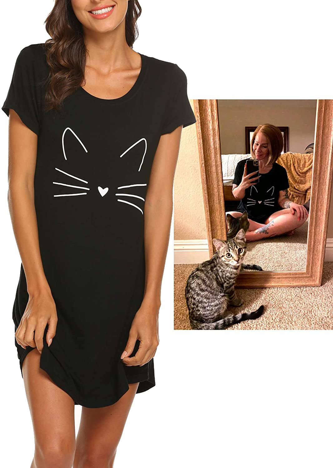 Hotouch Night Shirts Womens Nightgowns Cute round Neck Short Sleeve Printed Sleep Shirts Soft Sleepwear XS-XXL Apparel & Accessories > Clothing > Sleepwear & Loungewear > Nightgowns Kylie Max   