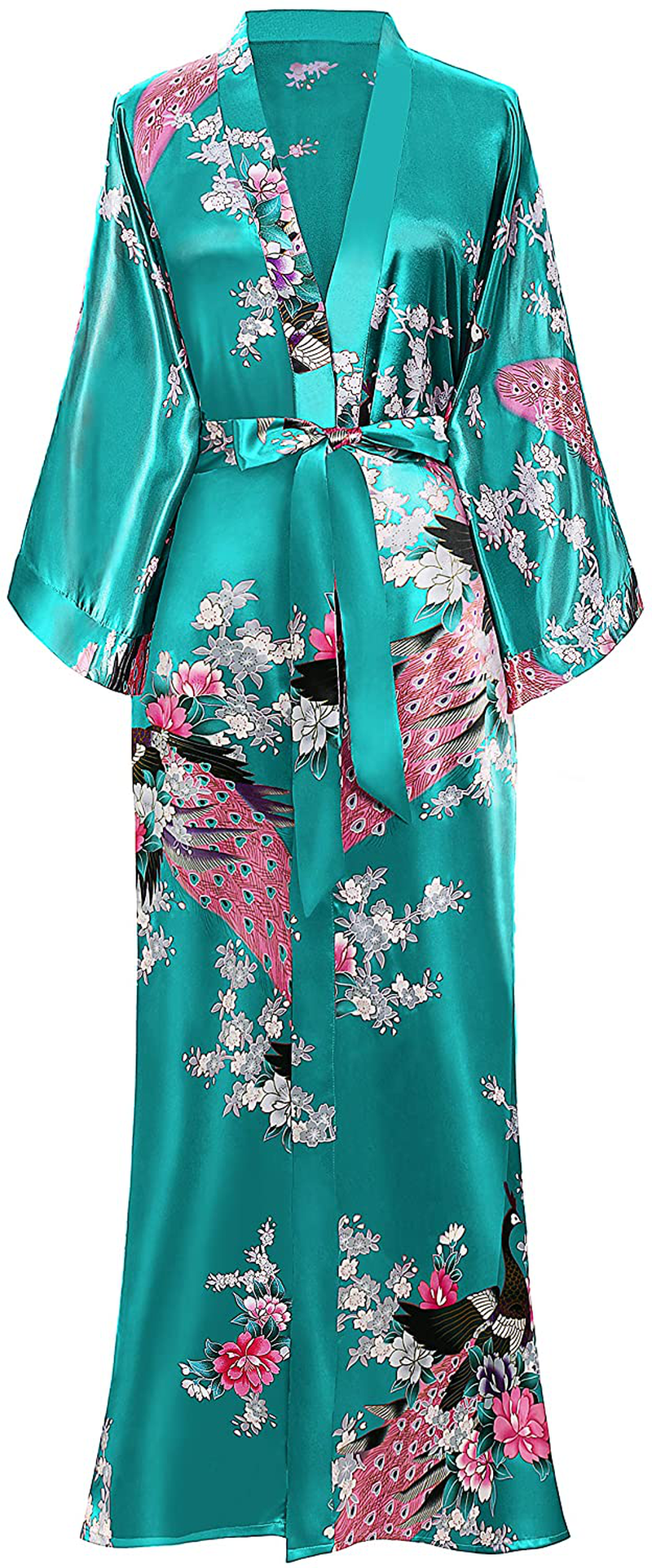 BABEYOND Women'S Kimono Robe Long Robes with Peacock and Blossoms Printed Kimono Nightgown Apparel & Accessories > Clothing > Sleepwear & Loungewear > Robes KYLIE MAX Dark Green  