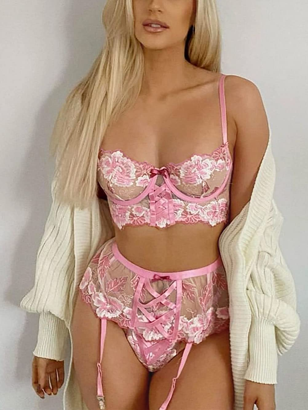 Kaei&Shi Cute Floral Embroidered, Lace up Strap, 3 Piece High Waisted Garter Lingerie Apparel & Accessories > Clothing > Underwear & Socks > Lingerie Kaei&Shi   
