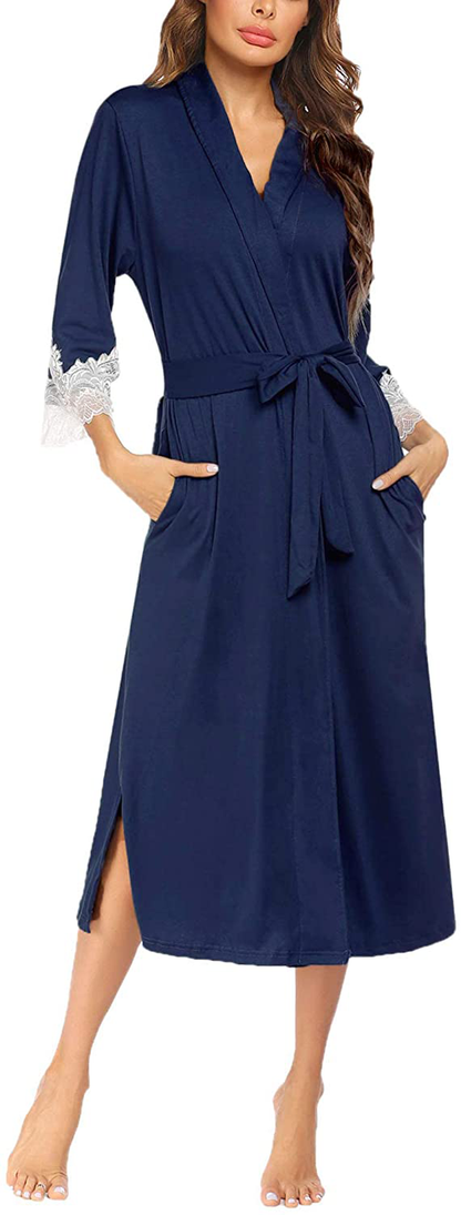 Ekouaer Women Kimono Robes Lightweight Robe Long Knit Bathrobe Soft Sleepwear Ladies Loungewear S-XXL Apparel & Accessories > Clothing > Sleepwear & Loungewear > Robes Ekouaer Navy Blue Large 