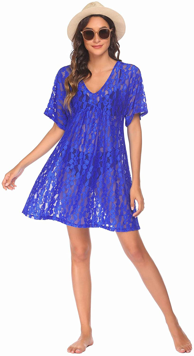 Ekouaer Women Swimsuit Cover Ups Batwing Sleeve Sheer Lace Cover up Bathing Suit Beach Dress Apparel & Accessories > Clothing > Swimwear Kylie Max   