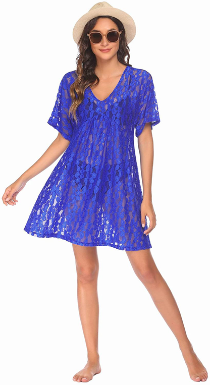 Ekouaer Women Swimsuit Cover Ups Batwing Sleeve Sheer Lace Cover up Bathing Suit Beach Dress Apparel & Accessories > Clothing > Swimwear Kylie Max   
