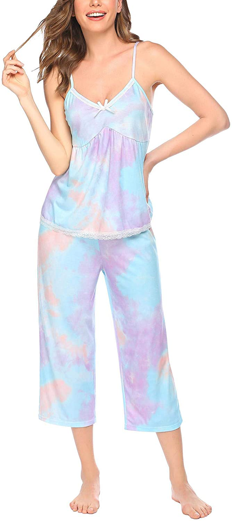 Ekouaer Womens Pajamas Set V-Neck Cami Top and Capris Pants Sleepwear Pjs Set S-XXL Apparel & Accessories > Clothing > Sleepwear & Loungewear Kylie Max   