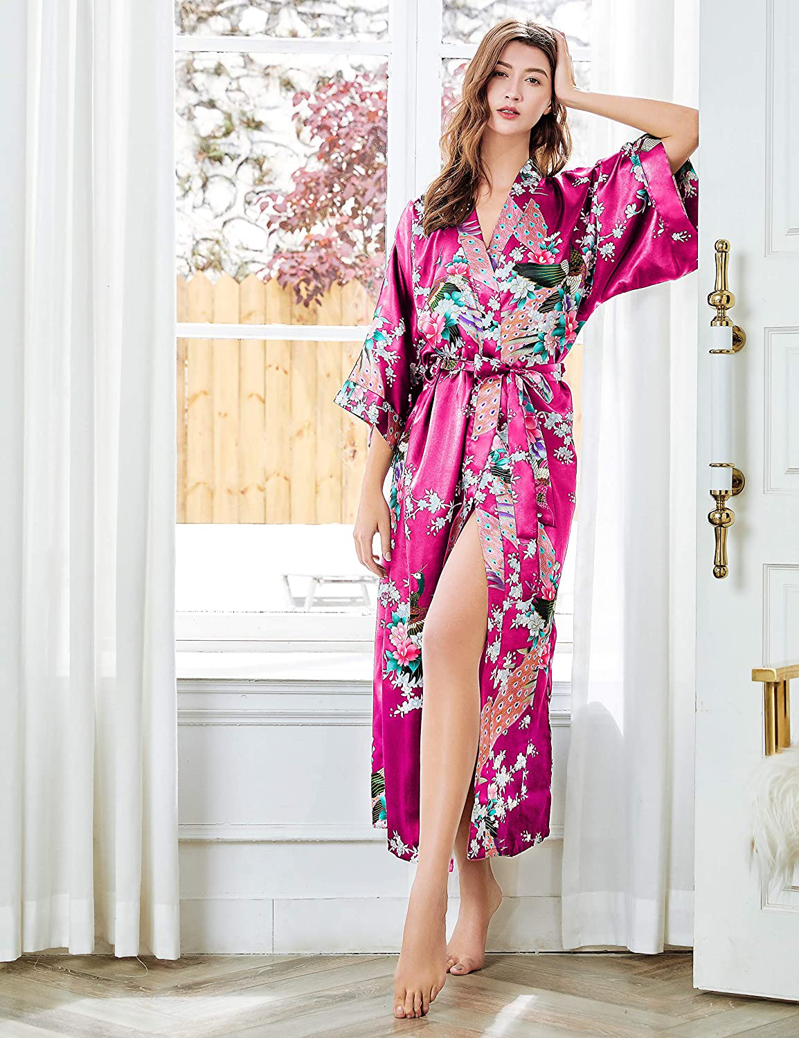 BABEYOND Women'S Kimono Robe Long Robes with Peacock and Blossoms Printed Kimono Nightgown Apparel & Accessories > Clothing > Sleepwear & Loungewear > Robes KYLIE MAX   