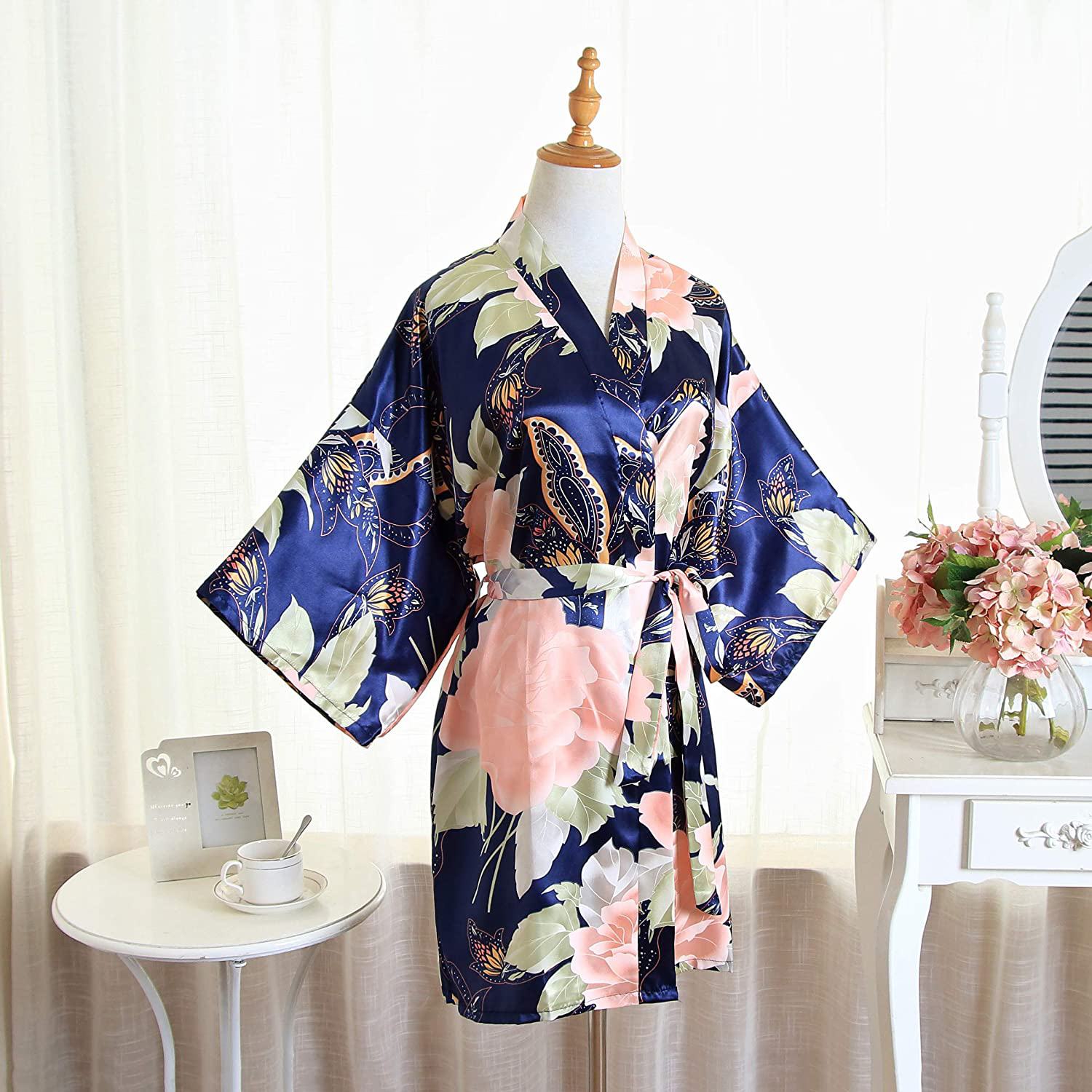 QXQTER Floral Satin Bridal Robe Silk Bridesmaid Robes Bridal Party Robe Dressing Gown Wedding Gifts Apparel & Accessories > Clothing > Sleepwear & Loungewear > Robes QXQTER   