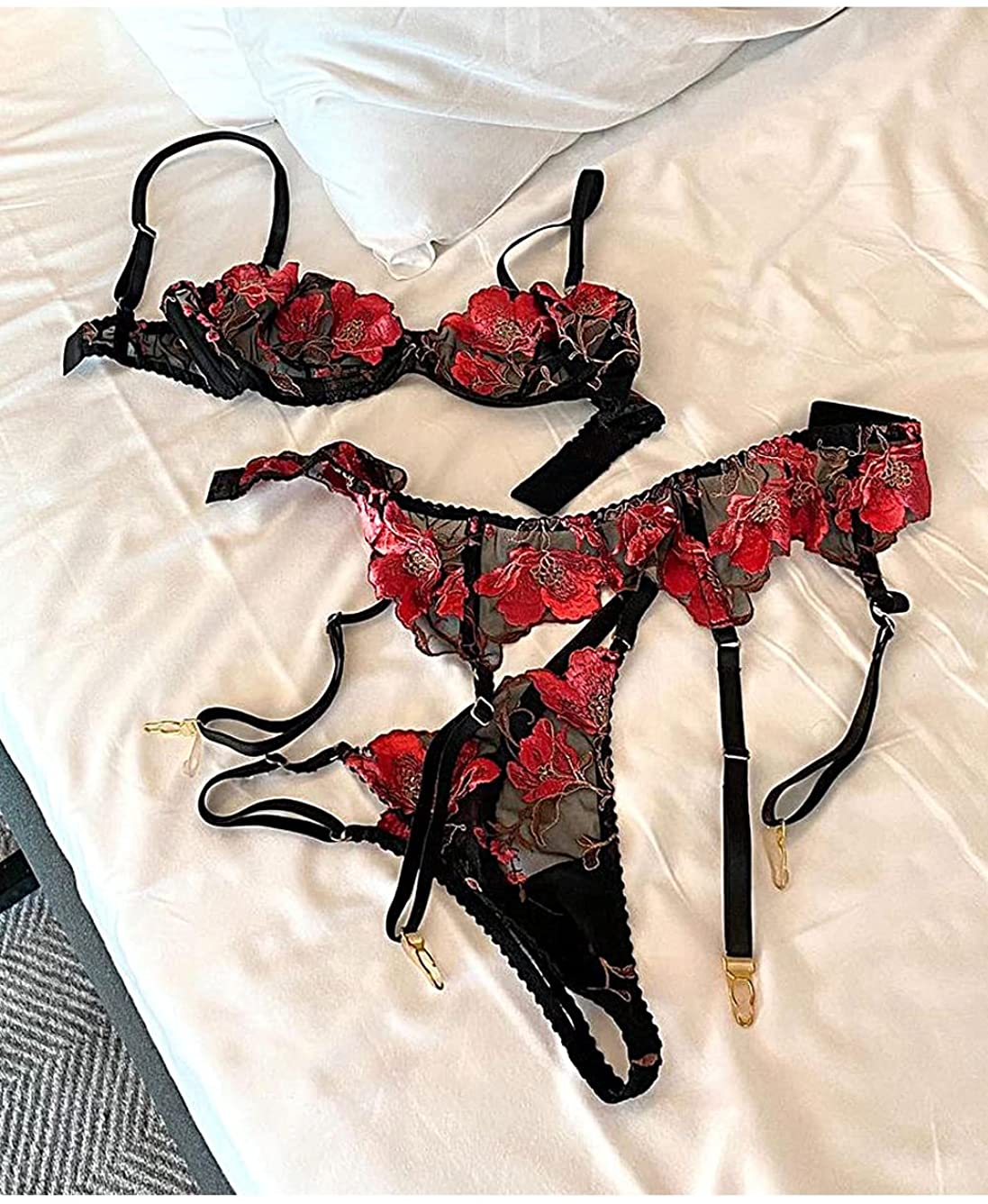 Kaei&Shi Floral Embroidered,Underwire Bra,Thong,3 Piece,Garter Lingerie for Women Apparel & Accessories > Clothing > Underwear & Socks > Lingerie Kaei&Shi   