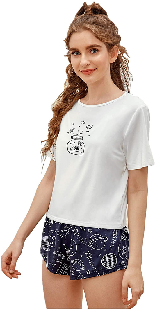 DIDK Women's Cute Cartoon Print Tee and Shorts Pajama Set Apparel & Accessories > Clothing > Sleepwear & Loungewear > Pajamas DIDK Coffee Navy Medium 