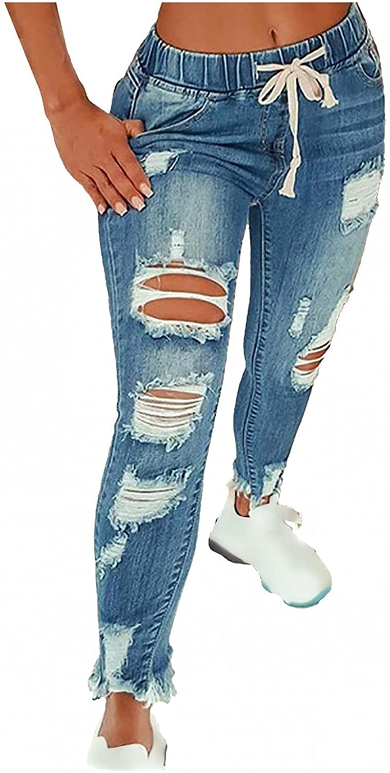 Burband Womens Drawstring Elastic Waistband Pull-On Distressed Denim Joggers Denim Jeans Sweatpants Skinny Ripped Jeggings Apparel & Accessories > Clothing > Underwear & Socks > Shapewear Burband Blue Small 