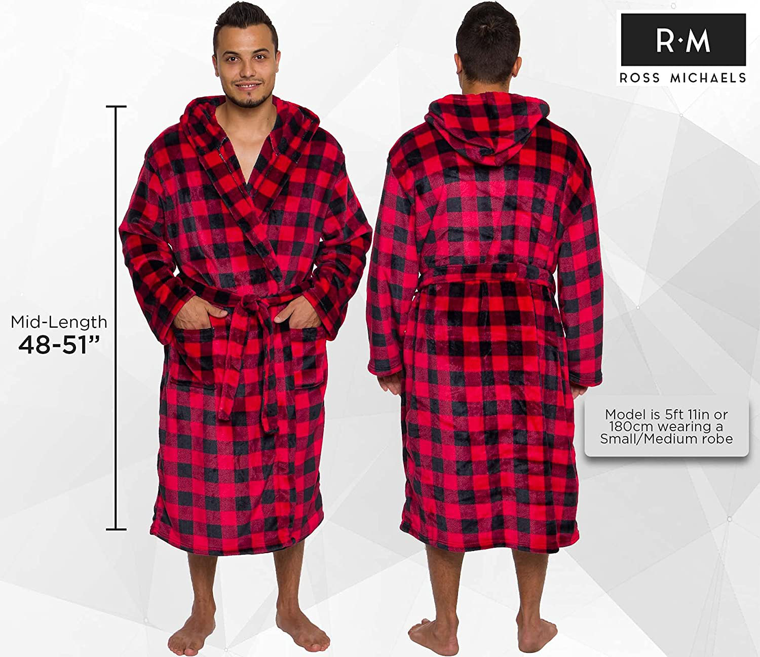 Ross Michaels Mens Robe with Hood - Mid Length - Buffalo Plaid Plush Fleece Bathrobe Apparel & Accessories > Clothing > Sleepwear & Loungewear > Robes Kylie Max   