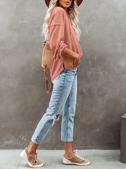 REVETRO Womens V Neck Long Sleeve Henley Shirts Button down Sweatshirts Hoodies Tunic Tops with Drawstring Apparel & Accessories > Clothing > Activewear Kylie Max   