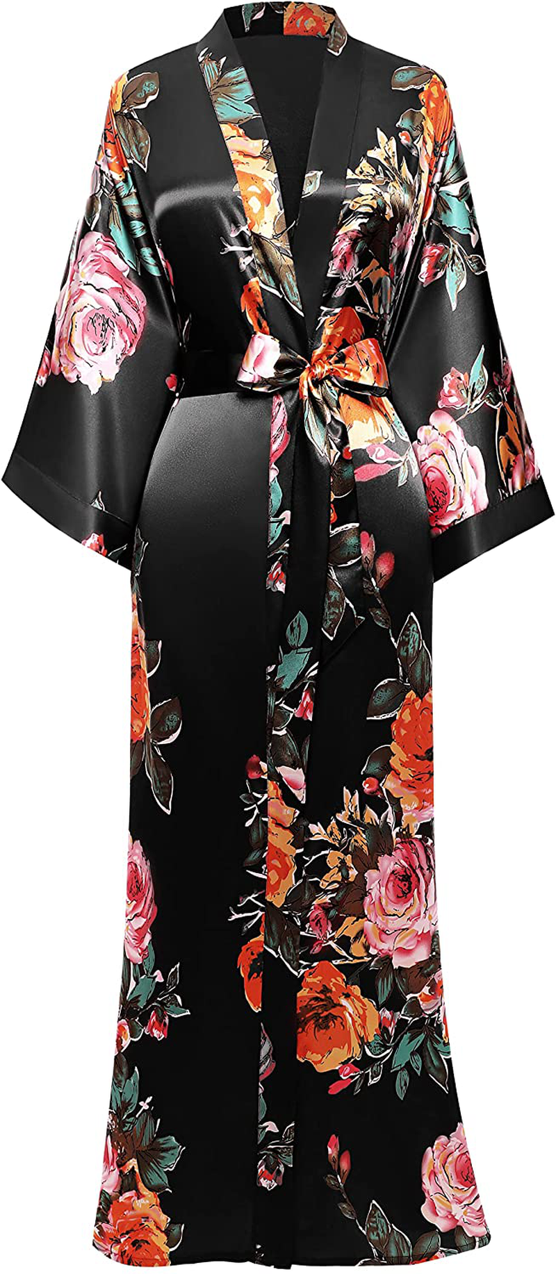 BABEYOND Kimono Robe Long Floral Bridesmaid Wedding Bachelorette Party Robe 53 Inches Apparel & Accessories > Clothing > Sleepwear & Loungewear > Robes KYLIE MAX Black  