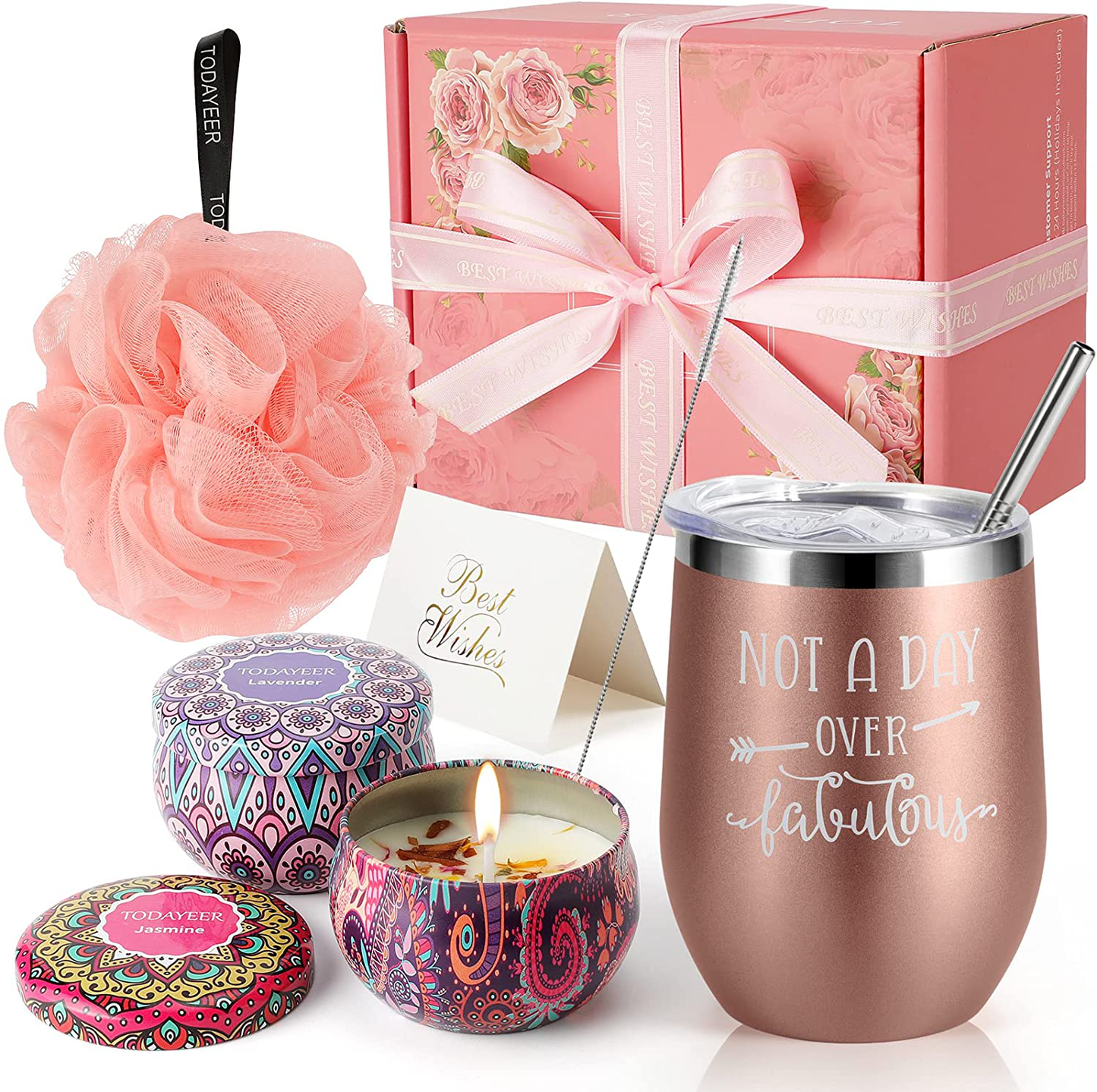 Gifts for Women Birthday Unique - Funny Insulated Wine Tumblers Rose Gold and Candles 2 Pack and Bath Loofah XL Bath Set - Unique Gifts for Women - Mom Sister Friends Female Grandma Birthday Gifts Arts & Entertainment > Party & Celebration > Gift Giving TODAYEER Rose Gold  