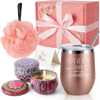 Gifts for Women Birthday Unique - Funny Insulated Wine Tumblers Rose Gold and Candles 2 Pack and Bath Loofah XL Bath Set - Unique Gifts for Women - Mom Sister Friends Female Grandma Birthday Gifts Arts & Entertainment > Party & Celebration > Gift Giving TODAYEER Rose Gold  