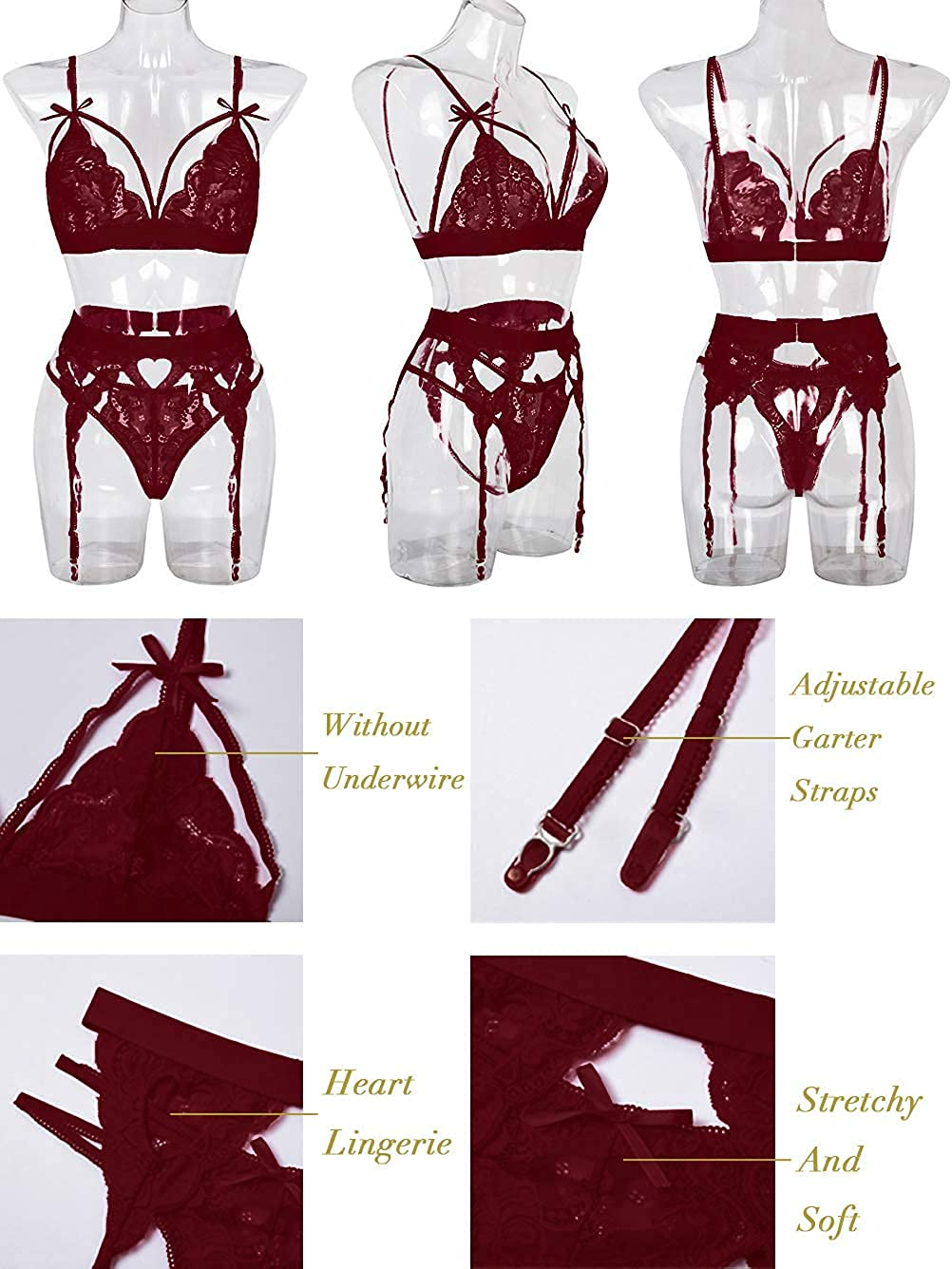 Kaei&Shi Sexy Lingerie for Women, Heart Lingerie Set with Garter Belt, Lace Bondage Lingerie Bra and Panty Sets Apparel & Accessories > Clothing > Underwear & Socks > Lingerie Kaei&Shi   