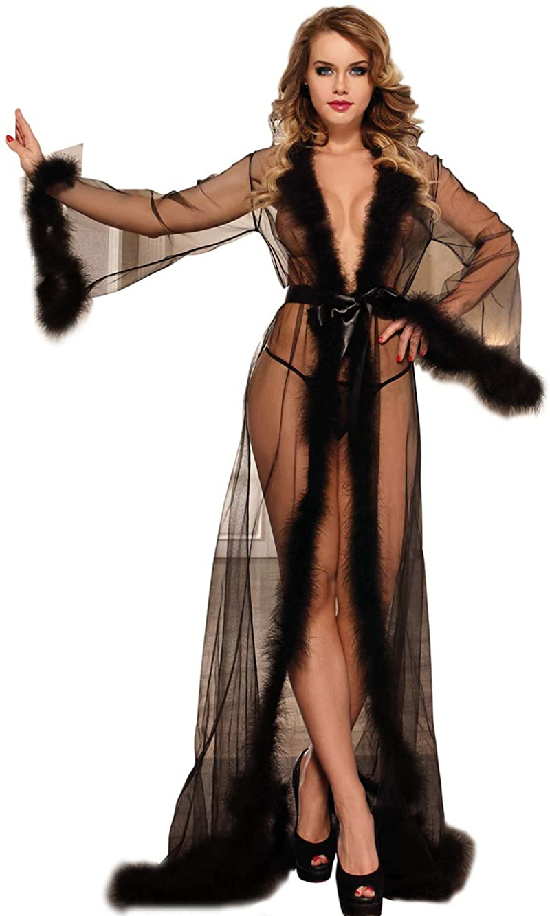 Women Feather Bridal Robe Wedding Scarf Long Gown Lingerie Robe with Fur Nightgown Bathrobe Tulle Maternity Dress M-5XL Apparel & Accessories > Clothing > Sleepwear & Loungewear > Robes ohyeah Black 16-18 