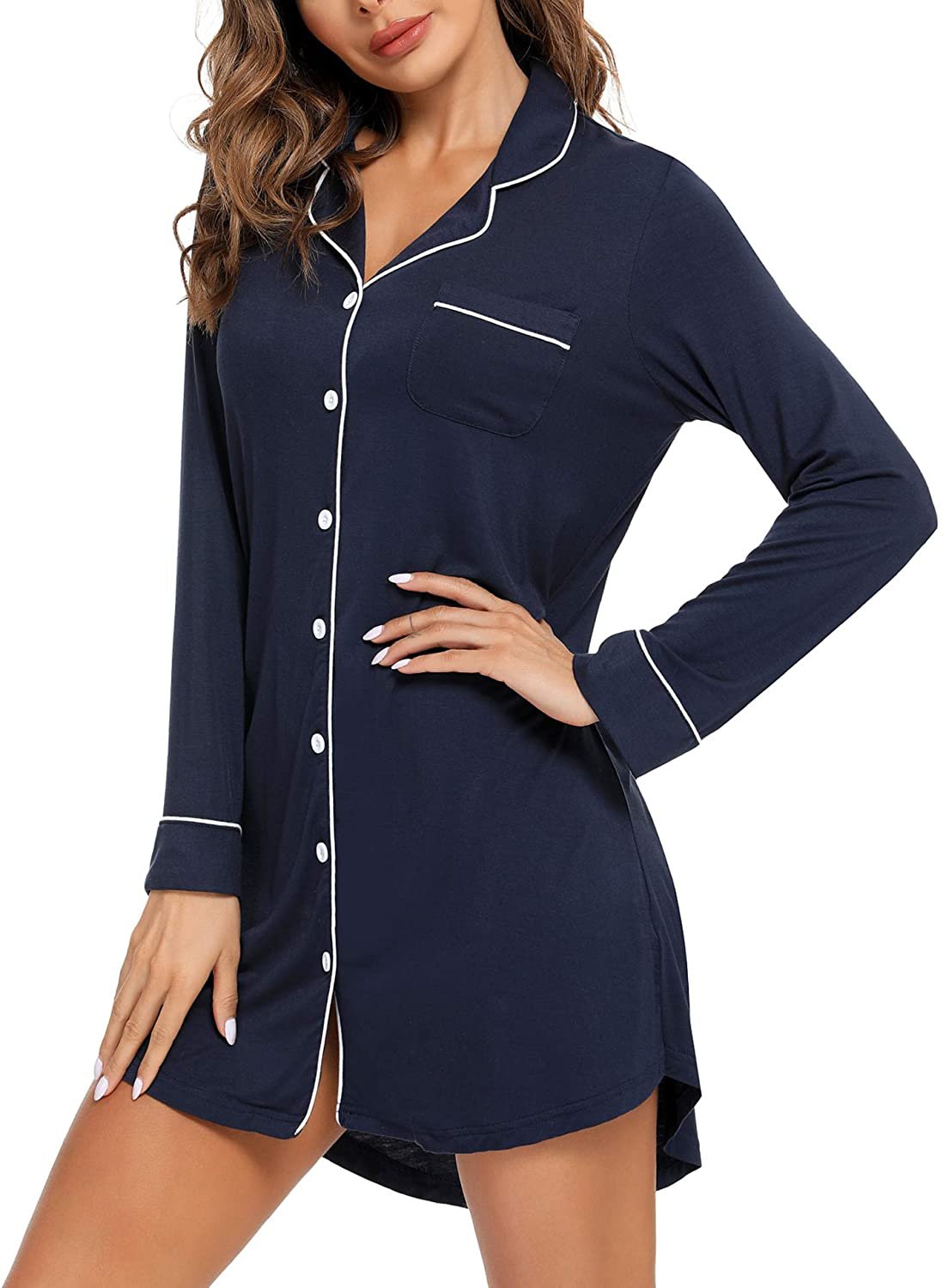 Samring Nightgown for Women Sleep Shirt Short Long Sleeve Sleepwear Boyfriend Nightshirt Button down Pajama Dress S-XXL Apparel & Accessories > Clothing > Sleepwear & Loungewear > Nightgowns Kylie Max   