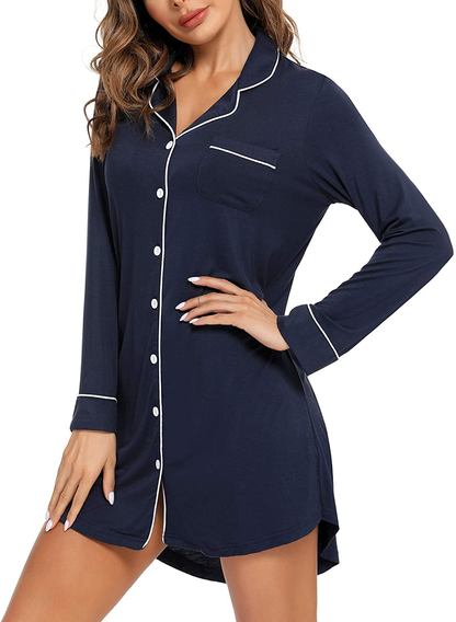 Samring Nightgown for Women Sleep Shirt Short Long Sleeve Sleepwear Boyfriend Nightshirt Button down Pajama Dress S-XXL Apparel & Accessories > Clothing > Sleepwear & Loungewear > Nightgowns Kylie Max   