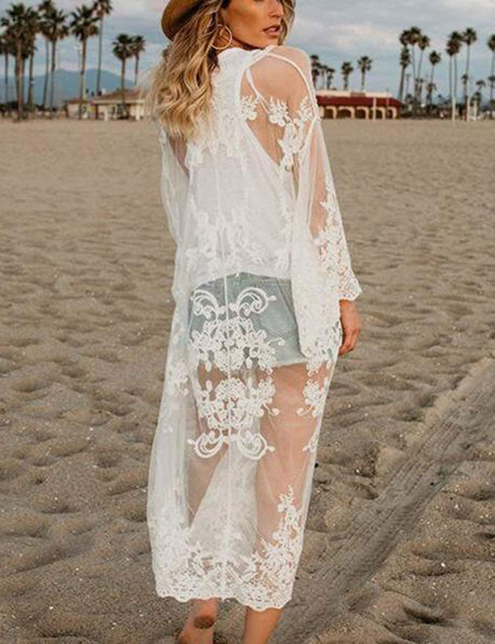 Bsubseach Women Sexy Lace Crochet Open Front Swimsuit Beach Long Kimono Cover Ups Apparel & Accessories > Clothing > Swimwear Kylie Max   