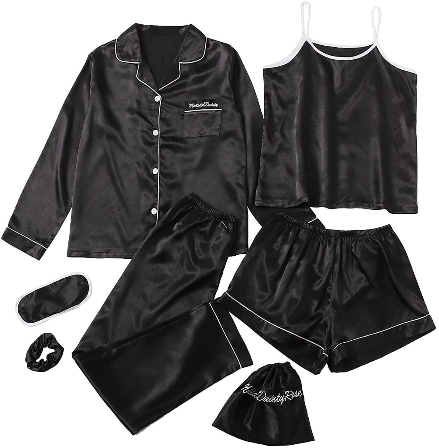 Shein Women'S 7Pcs Printed Cami and Shorts Satin Pajama Set with Shirt and Eye Mask Apparel & Accessories > Clothing > Sleepwear & Loungewear Kylie Max   