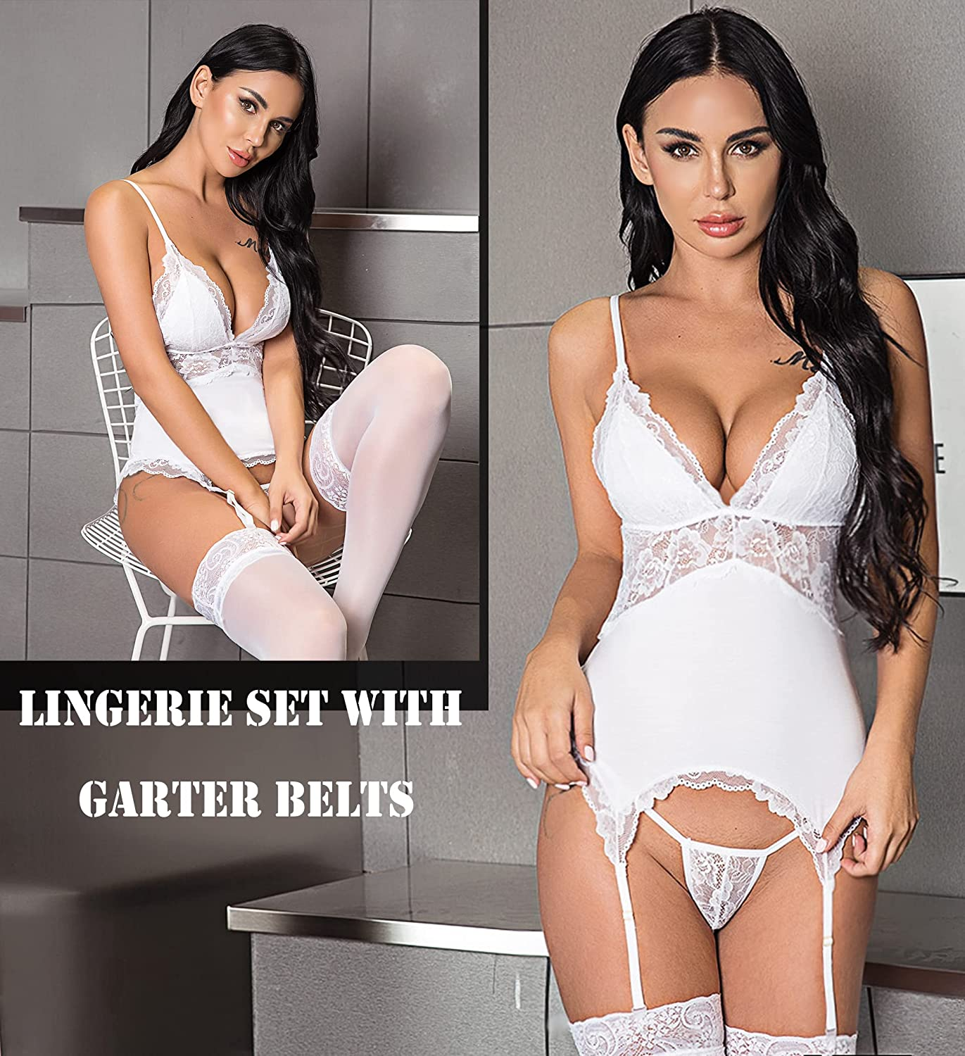Avidlove Women Chemise Lingerie Set with Garter Belts Lace Babydoll Teddy Nightwear Outfit Apparel & Accessories > Clothing > Underwear & Socks > Lingerie Avidlove   
