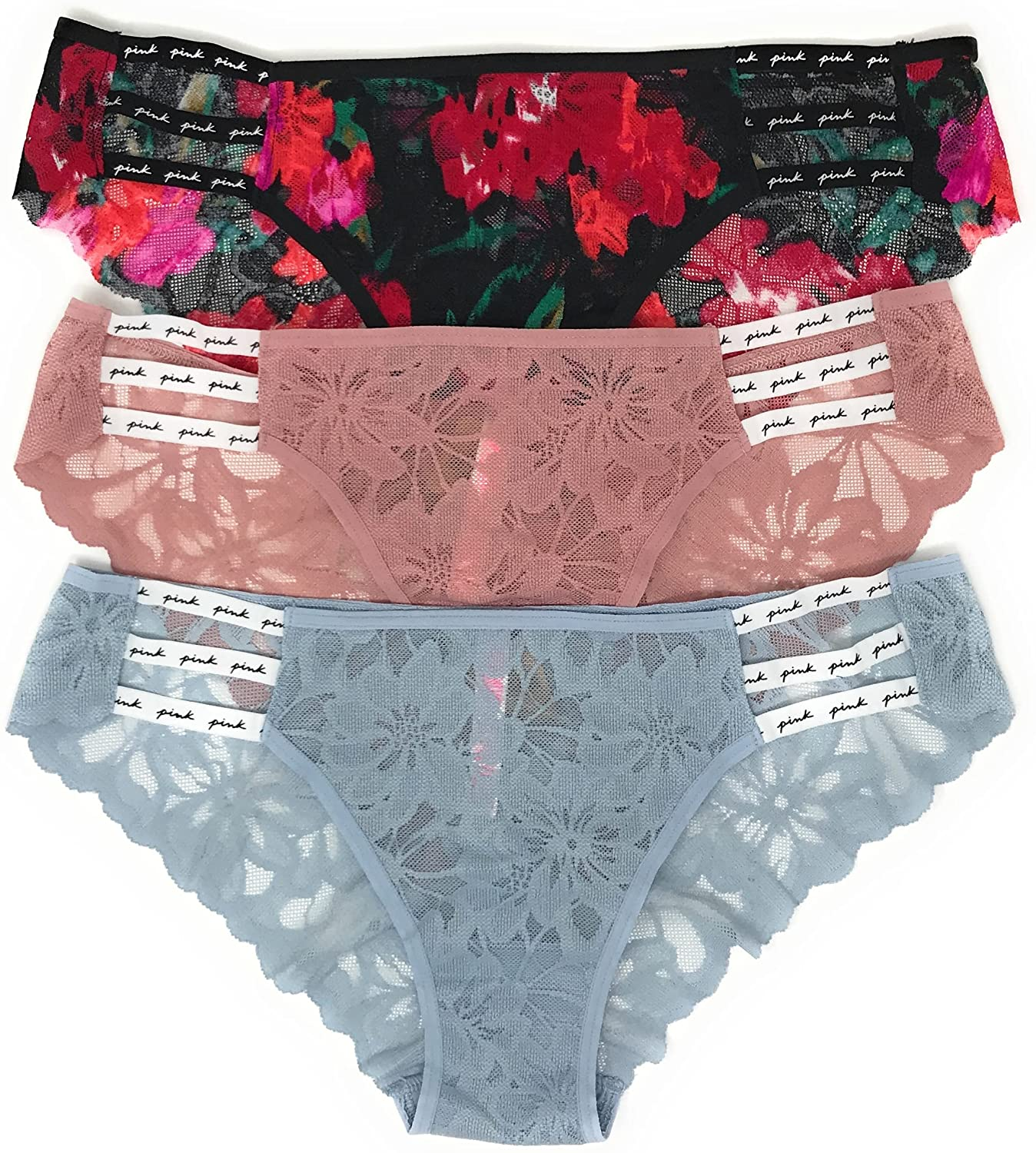 Victoria'S Secret Pink Cheekster Panty Set of 3  Victoria's Secret Strappy Lace Red Floral / Damsel Pink / Lt Teal Medium 