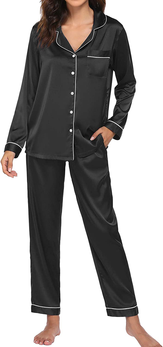 Ekouaer Satin Pajamas Women’S Long Sleeve Sleepwear Silk Soft Button down Loungewear Pjs Set S-XXL Apparel & Accessories > Clothing > Sleepwear & Loungewear Kylie Max   